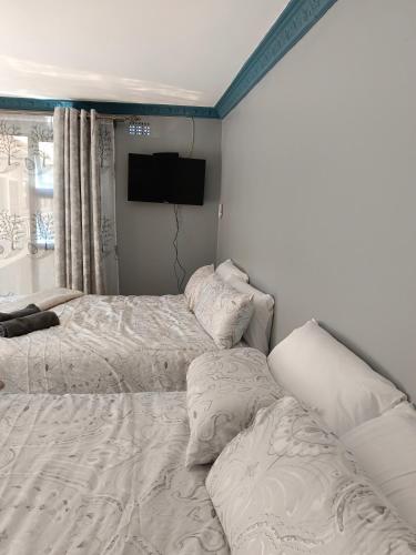 a bedroom with two beds and a flat screen tv at Crompton Studio Apartment 786 in Durban