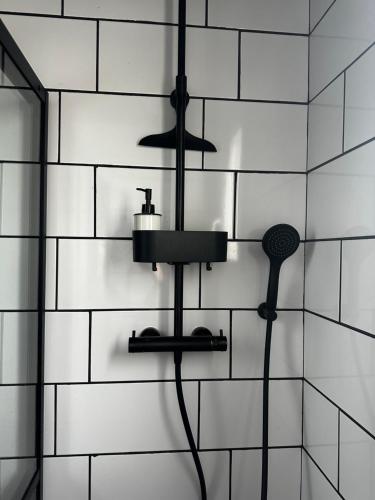 a bathroom with a black and white tiled wall at La Suite élégante in Saint Lo