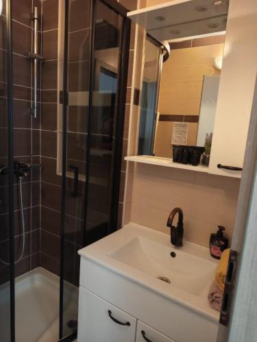 a bathroom with a sink and a shower at Sea View Apartment Sunrise Poljica & Blue Lagoon Rent A Boat in Poljica