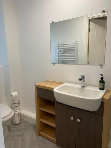 a bathroom with a white sink and a mirror at Boutique 1 Bdrm Duplex Suite on Marina-301 in Hull