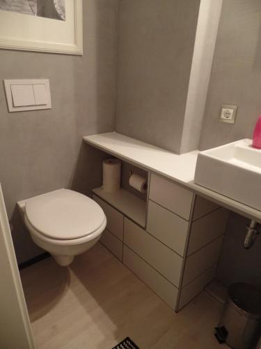 a small bathroom with a toilet and a sink at Logis Am Park in Dessau
