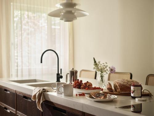 a kitchen counter with a sink and a plate of food at Bob W Munich Schwabing in Munich