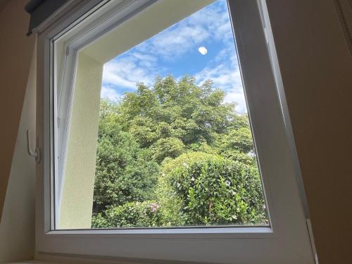 ein Fenster in einem Zimmer mit Blick auf die Bäume in der Unterkunft Hanna Apartman in Debrecen
