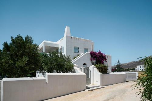 una casa bianca con una recinzione davanti di Naxos Kastraki Homey Villa with Sea View a Kastraki
