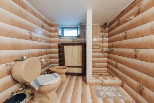 a bathroom with a toilet and a window at Yiayias Home Sifnos in Apollonia