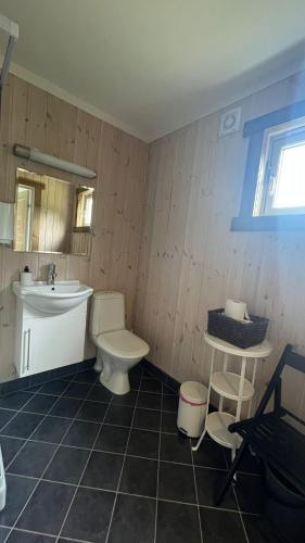 a bathroom with a white toilet and a sink at BUDGET Kvamseter Lodge in Eikjedalen