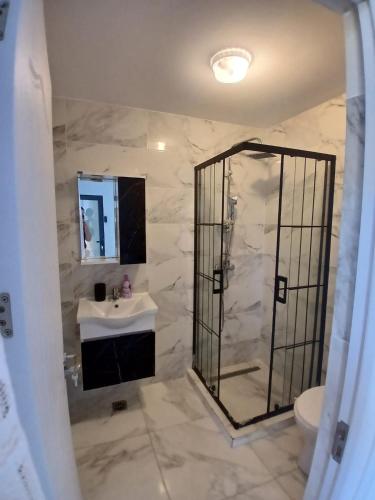 a bathroom with a shower and a sink and a mirror at Vila Atlas Constanta in Constanţa