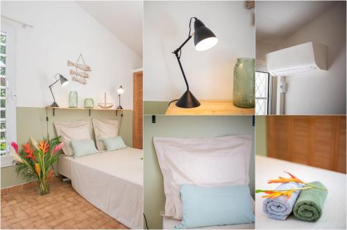 a collage of four pictures of a bedroom at Coconut Bay House avec Piscine et Jacuzzi in Le Robert