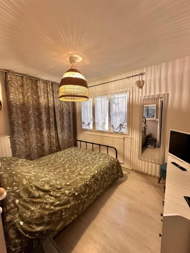 a bedroom with a bed and a chandelier at Agréable maison de ville dans quartier calme in Bourges