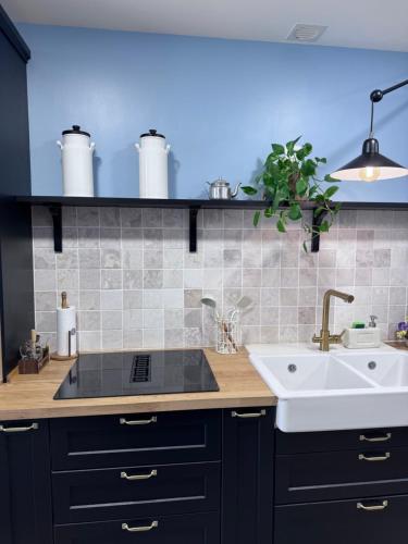una cocina con fregadero y encimera en Casa Paz Lugo, en Lugo