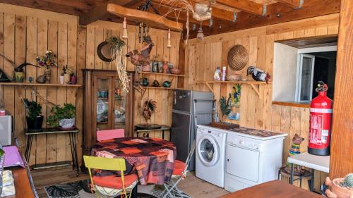 une cuisine avec un lave-linge et un lave-linge dans l'établissement Studio 35m², Terrasse & Cuisine proche Carcassonne, à Montclar