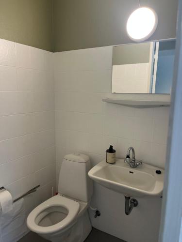 a bathroom with a toilet and a sink at Døstrup Landevejskro & Motel in Skærbæk