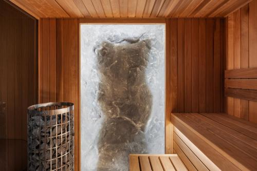 a fireplace in a sauna with snow inside of it at Vione Paros in Ambelas