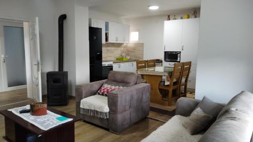 a living room with a couch and a chair and a kitchen at Smeštaj Golubica in Soko Banja