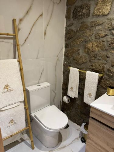a bathroom with a white toilet and a stone wall at Quinta de Gandarem in Torre de Moncorvo