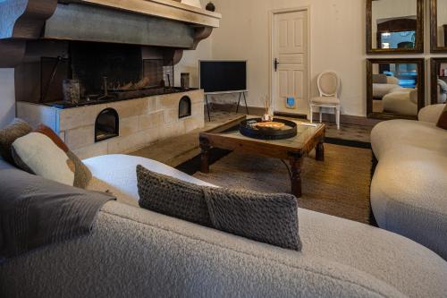 a living room with a couch and a fireplace at La Chapelle sur la Sorgue in LʼIsle-sur-la-Sorgue