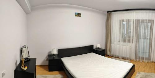 a bedroom with a bed and a window with a guitar at VSD Apartment in Predeal