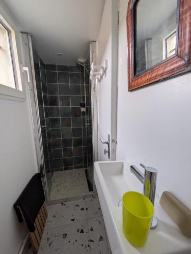 a bathroom with a sink and a shower with a mirror at La Jeannette in Vains