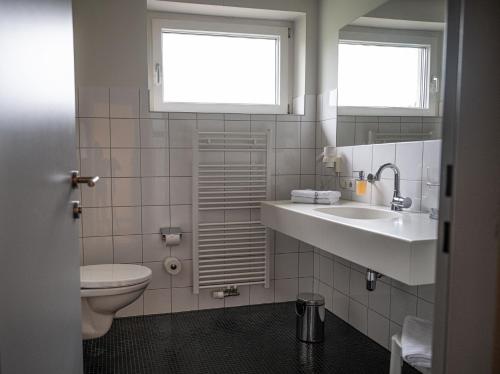 a bathroom with a sink and a toilet and two windows at Schäfle Feldkirch-Altenstadt in Feldkirch