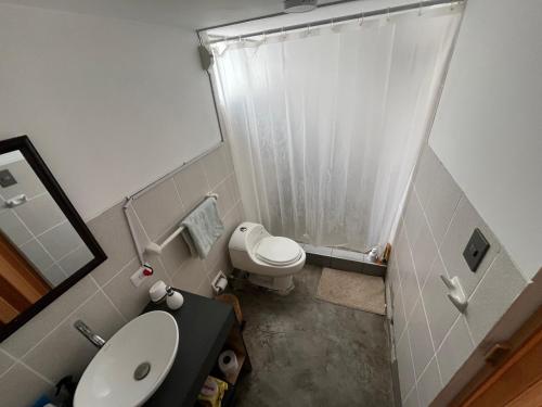 a small bathroom with a toilet and a shower at mini departamento frente al mar in Punta Hermosa