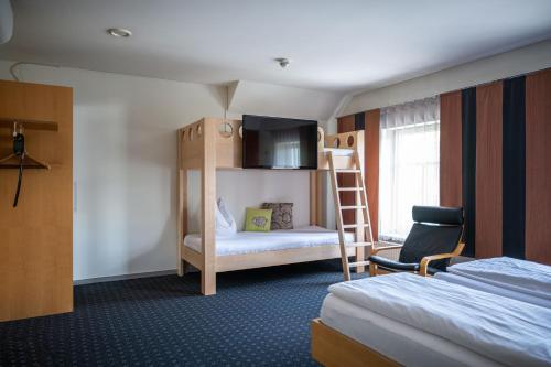 a room with two beds and a bunk bed with a ladder at Schäfle Feldkirch-Altenstadt in Feldkirch
