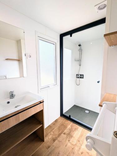 a bathroom with a sink and a shower at Mobil home climatisé avec piscine in Viviers