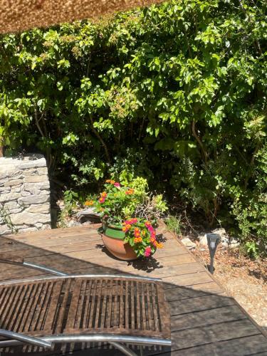 a pot of flowers sitting on a wooden deck at La chambre haute, son jardin, et, son SPA in Nîmes