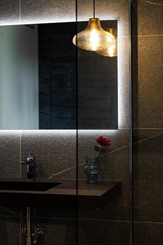 a bathroom with a sink and a vase with a flower at KODERLE SUITE K4 Zampa D Orso in Brunico