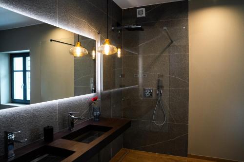 a bathroom with a shower with a sink and a mirror at KODERLE SUITE K4 Zampa D Orso in Brunico