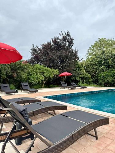 a swimming pool with chairs and umbrellas next to a swimming pool at Senima's paradise - Pool & Cottages in Batumi