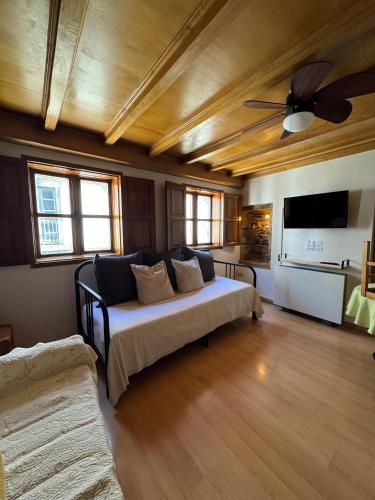a bedroom with a bed and a ceiling fan at PR Campanas de San Juan in Santiago de Compostela
