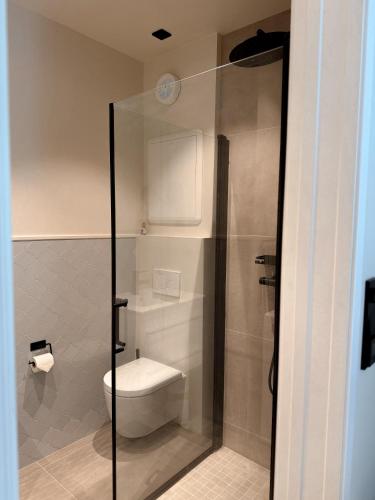 a bathroom with a toilet and a glass shower at Nyrenovert Bergenshus med 2 leiligheter - rolig smau i hjertet av Bergen in Bergen