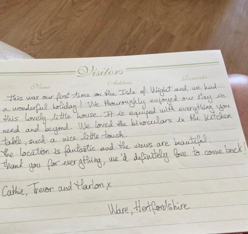 a letter from a friend to her husband at Cliff End Self catering bungalow with sea views in beautiful rural West Wight Free WiFi and ferry offers available Short walk to beach in Isle of Wight