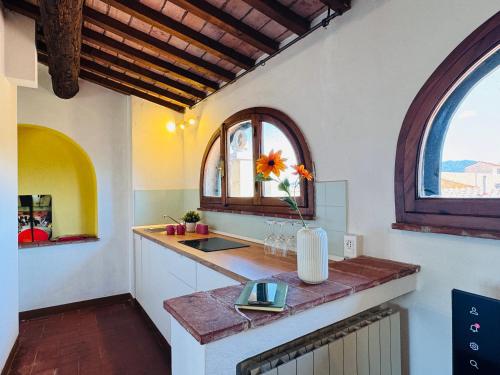 a kitchen with a counter with a flower in a vase at Santa Maria Dreaming Rooftop in Pisa