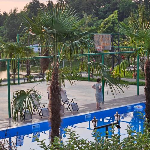 a woman standing next to a palm tree by a pool at Iveria Parky and cottages in Shekvetili