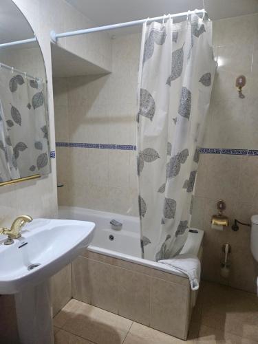 a bathroom with a sink and a tub and a shower at Hosteria Real de Zamora in Zamora