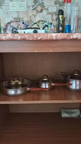 a shelf with three pots and pans on it at Manan Guesthouse in Chʼkalovka