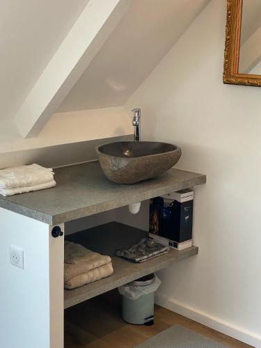 a bathroom with a counter with a sink on a shelf at L'Opale des Tribus in Audresselles