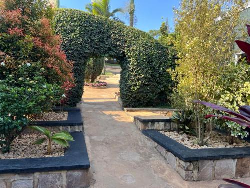 an archway in a garden with bushes and plants at REBERO RESORT Ltd in Kigali