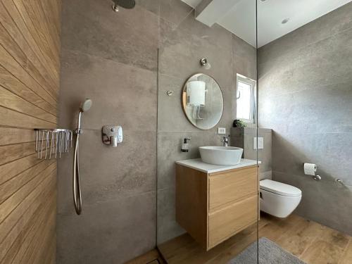 un bagno con lavandino, WC e specchio di Beachfront house Miamore - 10 m from the sea a Mrljane