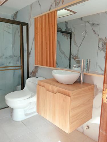 a bathroom with a toilet and a sink at Casa Frailejón Manizales in Manizales