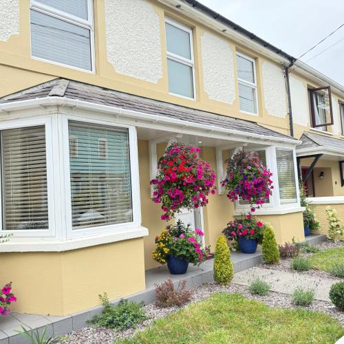 a yellow house with potted flowers in front of it at 3 Fair Hill House centrally located with parking and wifi sleeps 6 in Killarney