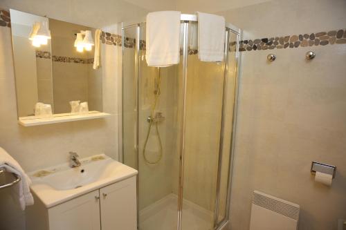 a bathroom with a shower and a sink at Motel le Vieux Moulin in LʼÎle-Rousse