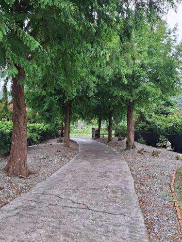a tree lined path in a park with trees at Q寶の家 home Sweet home in Dongshan