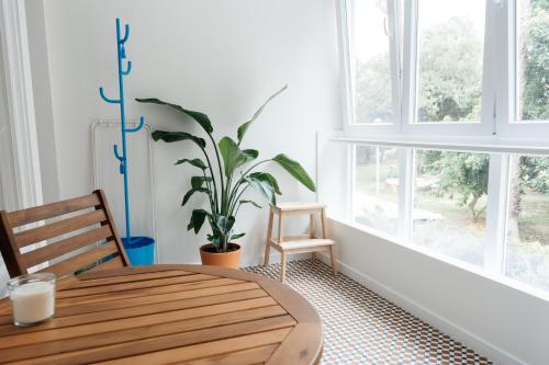 a table and a plant in a room with windows at Carcavelos Beach 12 in Carcavelos