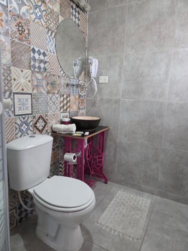 a bathroom with a toilet and a mirror at Rincón del Valle Gaiman in Gaiman