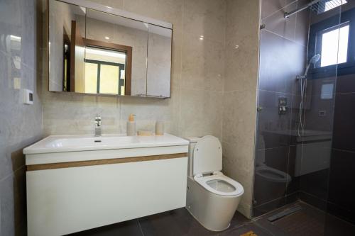 un bagno con lavandino, WC e specchio di Teranga Baobab a Dakar