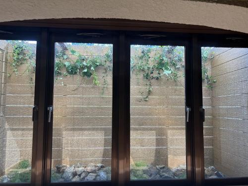 a glass window with a view of a garden at Capsule Inn Osaka (Male Only) in Osaka