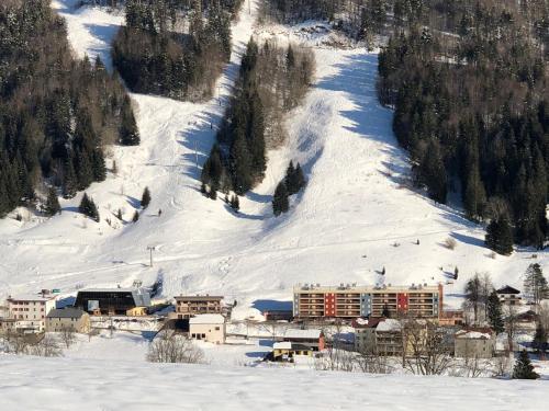a ski lodge in the snow with a mountain at Appartement spacieux tout confort pied des pistes in Lélex