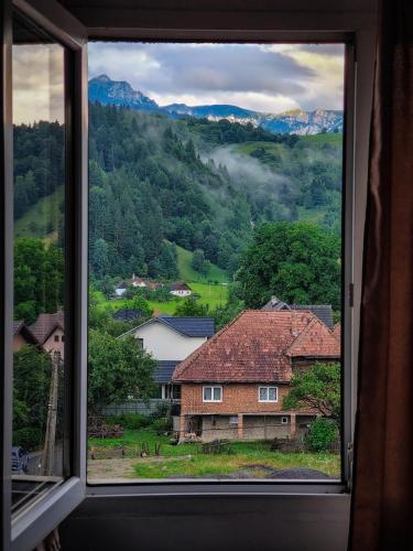 a window with a view of a mountain at Pensiunea Buzdugan in Moieciu de Jos